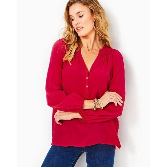 Lilly Pulitzer 100% Silk Elsa Long Sleeve Blouse Top Women Poinsettia Red - Picture 1 of 8